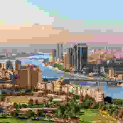 Landscape view of the Nile and skyscrappers in Cairo.