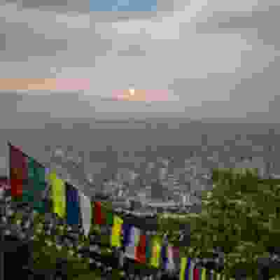 The panoramic view of the sunrise over Kathmandu City, Nepal.