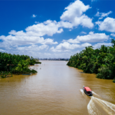 kinabatangan river with boat in Borneo