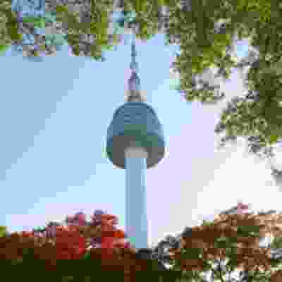 The Seoul tower in the clear blue sky. 